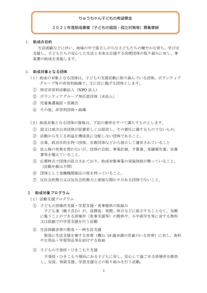 2021年度事業りゅうちゃん子どもの希望募金募集要綱のサムネイル